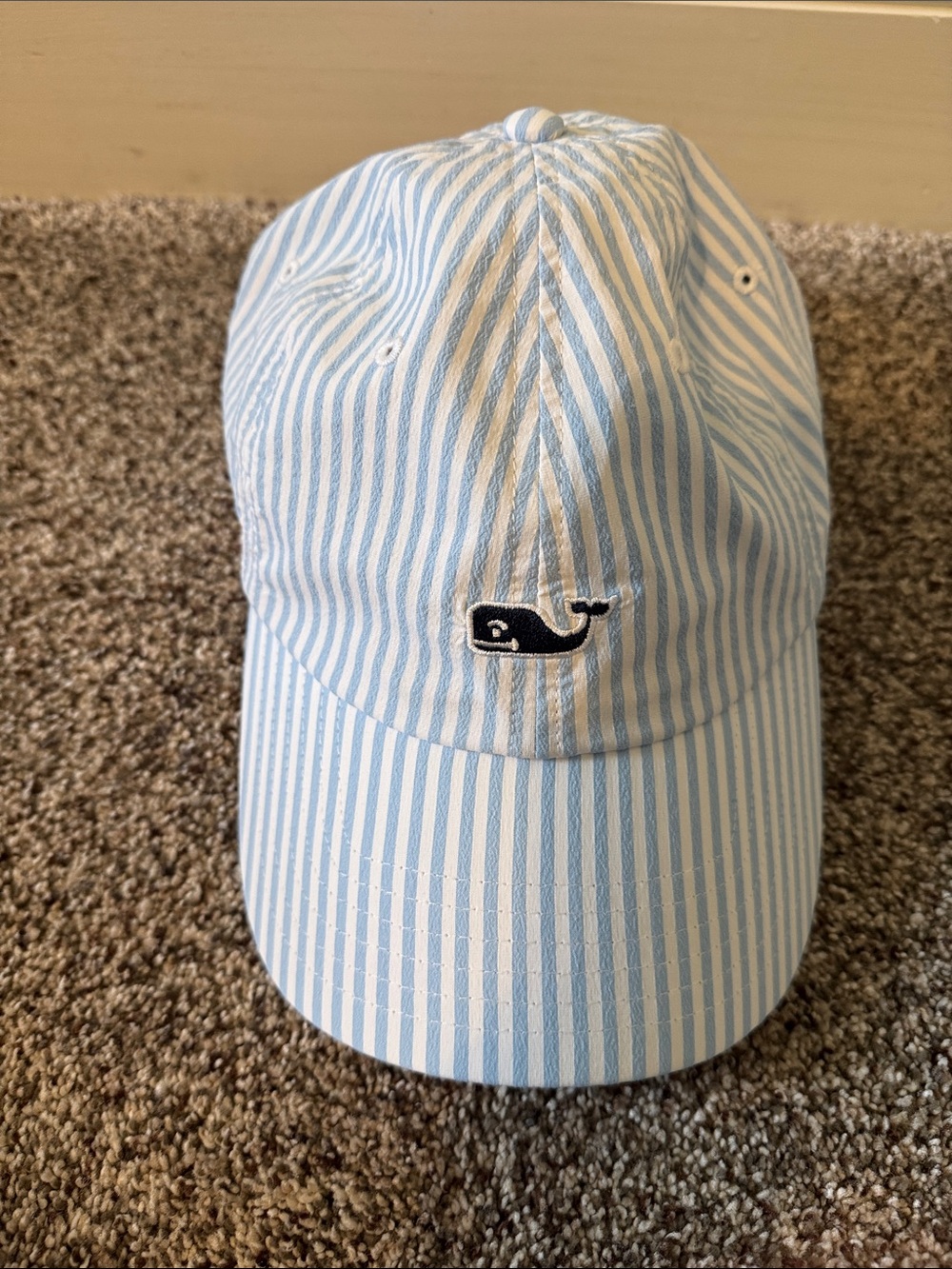Vineyard Vines Light Blue & White Seersucker Striped Whale Hat
